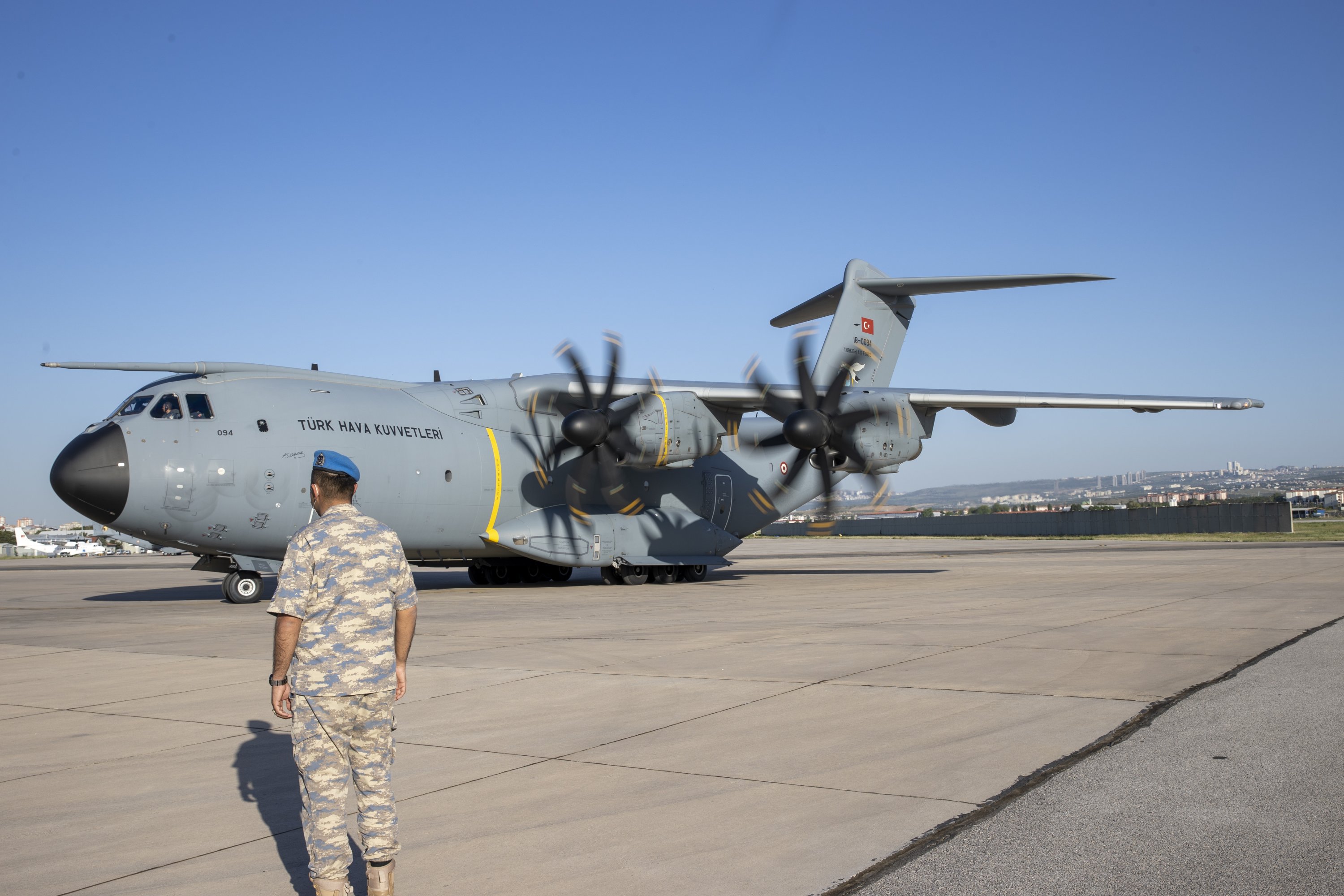 A Turkish military aircraft carrying medical aid bound for India to help fight the COVID-19 pandemic is seen during takeoff at Etimesgut Air Base in Ankara, Turkey, May 25, 2021. (AA Photo)