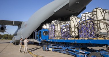 Medical aid bound for India to help fight the COVID-19 pandemic is loaded into a Turkish military aircraft at Etimesgut Air Base in Ankara, Turkish, May 25, 2021. (AA Photo)