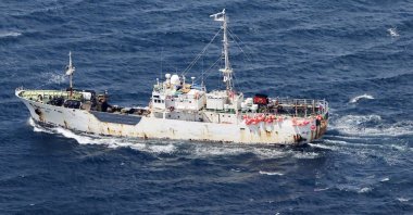 Russian cargo ship AMUR is seen after colliding with Daihachi Hokko Maru, a Japanese crab fishing vessel, in the Sea of Okhotsk, north of Japan’s Hokkaido island, Wednesday, May 26, 2021.  (Kyodo News via AP)