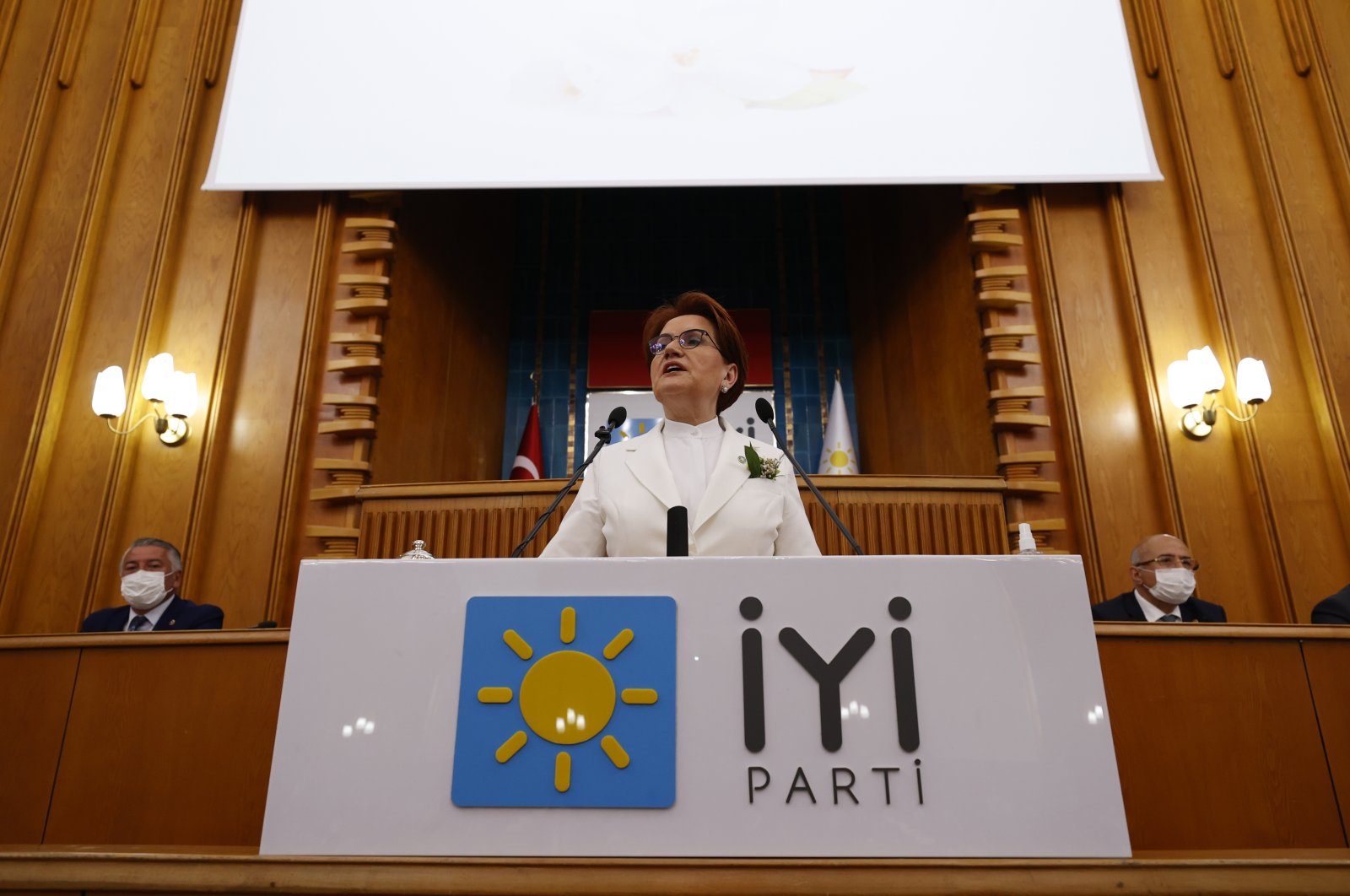 Good Party (IP) Chair Meral Akşener speaks to a parliamentary group meeting in the capital Ankara, Turkey, May 26, 2021. (AA Photo)