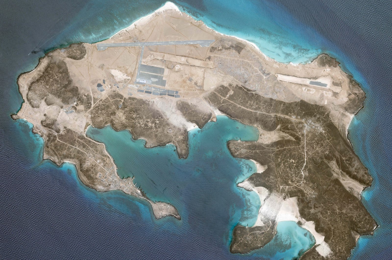 A satellite image released by Planet Labs Inc. shows a mysterious air base being built on Yemen's volcanic Mayun Island, Tuesday, May 25, 2021 (AP Photo)