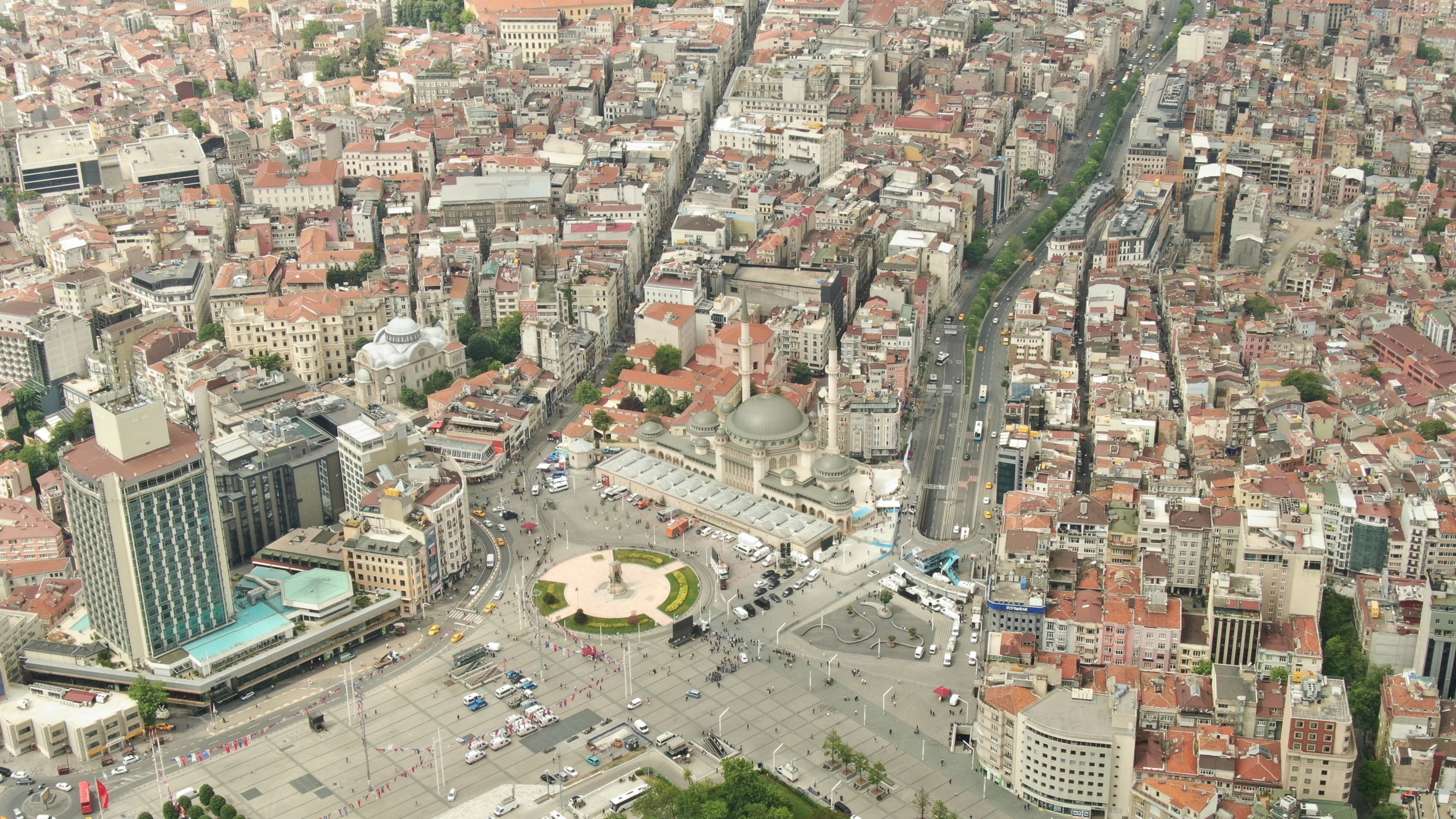 An aerial picture shows the newly built Taksim Mosque right next to the namesake square in Istanbul, Turkey, May 28, 2021. (IHA Photo)