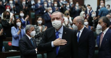 Turkish President Recep Tayyip Erdoğan greets members of his ruling Justice and Development (AK Party) during a meeting in Ankara, Turkey, May 26, 2021. (AA Photo)