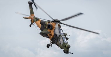 Upgraded with the Aselsan-made IFF system, a T129 chopper maneuvers in this photo provided on May 28, 2021. (Courtesy of TAI)