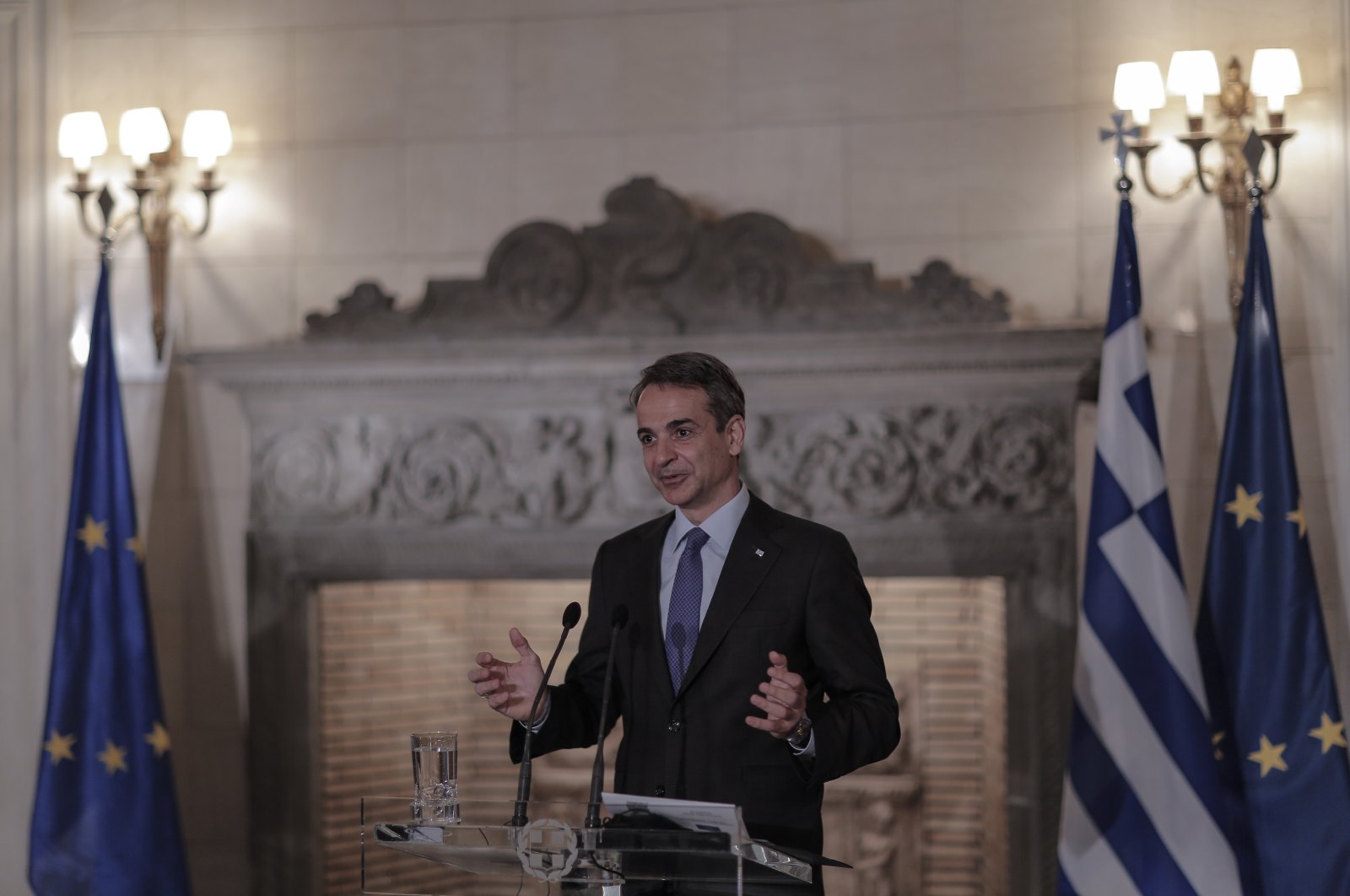 Greek Prime Minister Kyriakos Mitsotakis speaks during a press conference with European Council President Michel following their meeting in Athens, Greece, May 28, 2021. (EPA Photo)