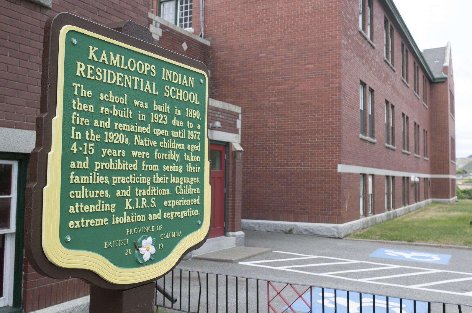 A plaque is seen outside of the former Kamloops Indian Residential School on Tk'emlups te Secwépemc First Nation in Kamloops, British Columbia, Canada, May 27, 2021. (AP Photo)