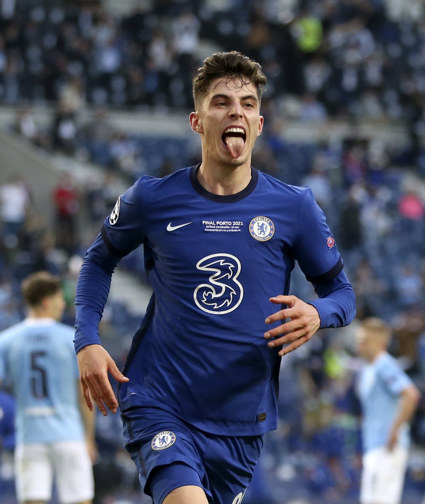 Chelsea's Kai Havertz celebrates after scoring a goal during the Champions League final match against Manchester City at Dragao Stadium in Porto, Portugal, May 29, 2021. (AP Photo)