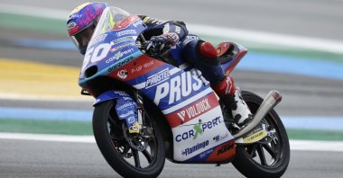 Moto3 rider Jason Dupasquier of Switzerland steers his motorcycle during the French Motorcycle Grand Prix in Le Mans, France, May 16, 2021. (AP Photo)