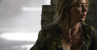 Actress Emily Blunt looks stressed in a scene from "A Quiet Place Part II." (Paramount Pictures via AP)