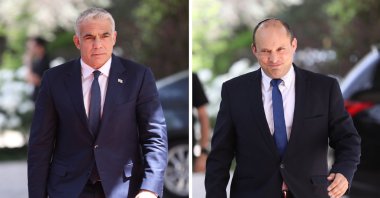 A combination photograph shows the leader of the Yamina party, Naftali Bennett (R) and leader of the Yesh Atid party, Yair Lapid, both entering the residence of President Rivlin, in Jerusalem, Israel, May 5, 2021. (EPA-EFE Photo)