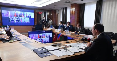 Turkish Trade Minister Mehmet Muş (right) attends the Turkey-Azerbaijan Investment Forum held online, Ankara, Turkey, May 31, 2021. (Turkish Trade Ministry via AA)