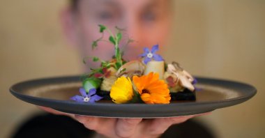 French chef Laurent Veyet displays a dish as he poses in his restaurant Inoveat serving insect-based food in Paris, France, May 12, 2021. (Reuters Photo)