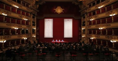 A press conference is delivered at the Milan La Scala opera house to present the theater's 2021/2022 season, in Milan, Italy, May 31, 2021. (AP Photo)