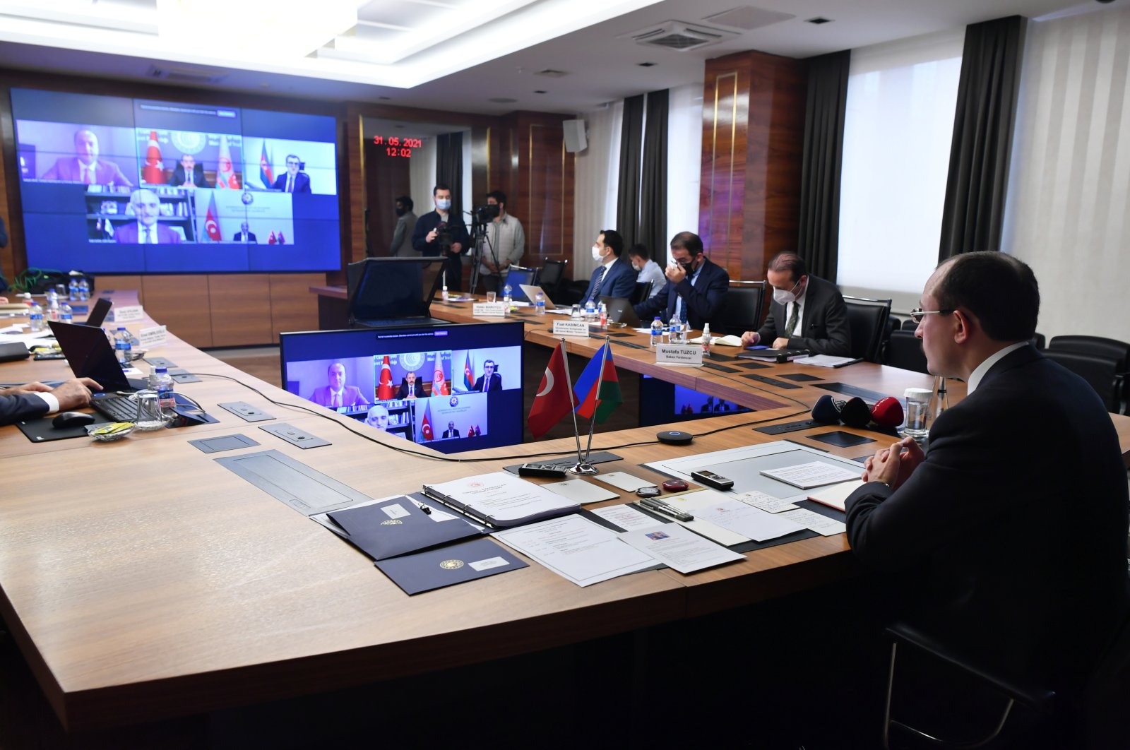 Turkish Trade Minister Mehmet Muş (right) attends the Turkey-Azerbaijan Investment Forum held online, Ankara, Turkey, May 31, 2021. (Turkish Trade Ministry via AA)