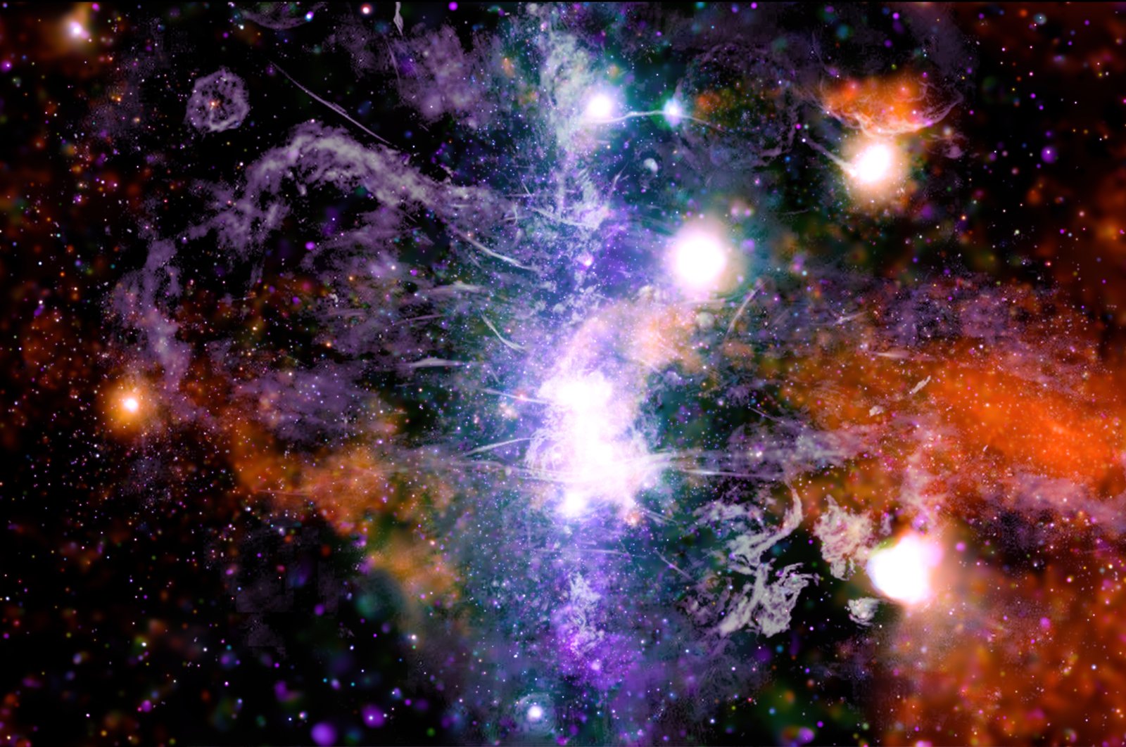 A false-color X-ray and radio frequency composite image shows threads of superheated gas and magnetic fields at the center of the Milky Way galaxy, May 28, 2021. (NASA via EPA)