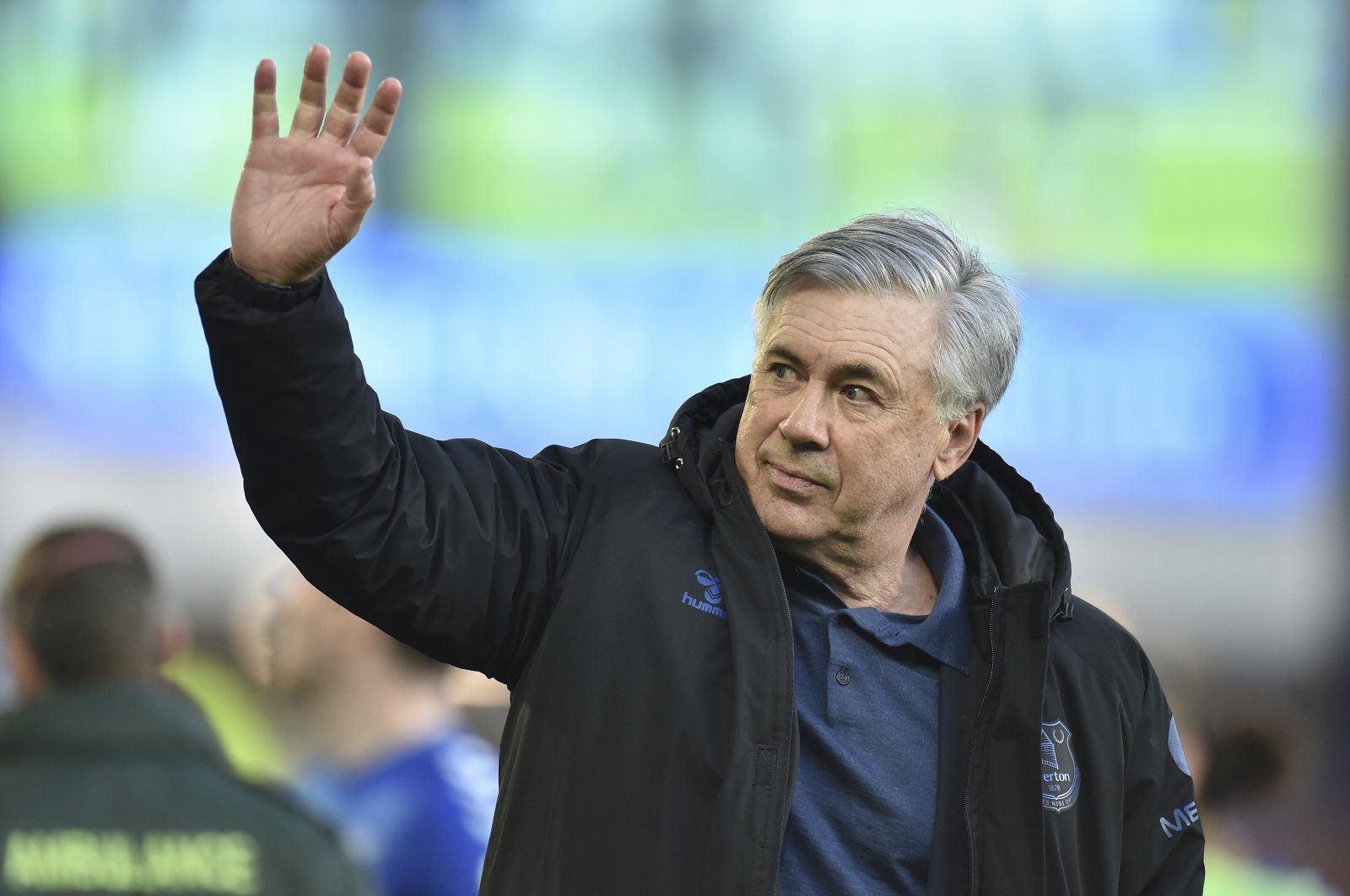 Everton's manager Carlo Ancelotti waves after the English Premier League soccer match between Everton and Wolverhampton Wanderers at Goodison Park stadium in Liverpool, England, May 19, 2021. (AP Photo)