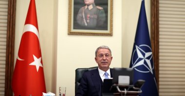 Defense Minister Hulusi Akar attends a virtual NATO meeting, June 1, 2021. (AA Photo)