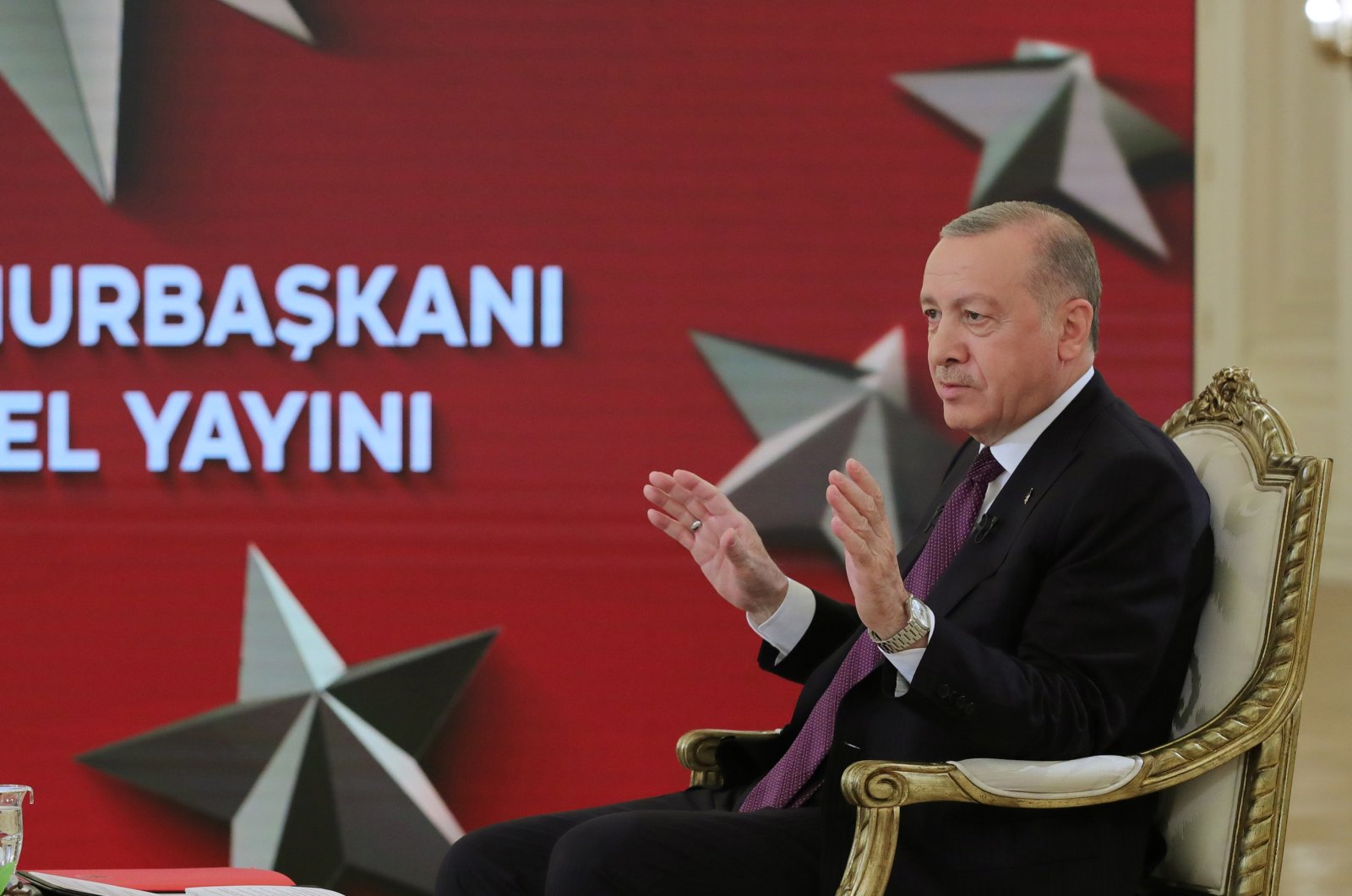 Turkish President Recep Tayyip Erdoğan reacts during an interview on TRT Haber at Çankaya Mansion, Ankara, Turkey, June 1, 2021. (AA Photo)