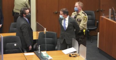 File image from video shows former Minneapolis police Officer Derek Chauvin (C) is taken into custody as his attorney, Eric Nelson (L) looks on, after the verdicts were read at Chauvin's trial for the 2020 death of George Floyd, at the Hennepin County Courthouse in Minneapolis, Minnesota, U.S., April 20, 2021. (AP Photo)