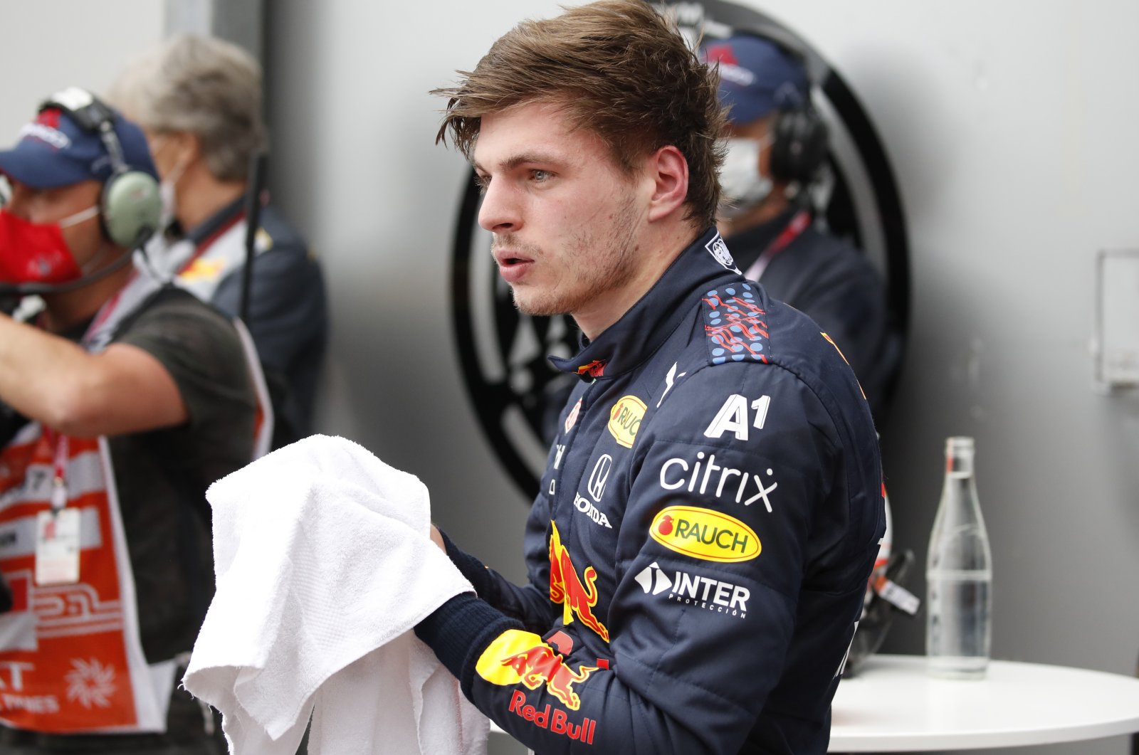 Red Bull Dutch driver Max Verstappen stands in the team garage after the qualifying session in Monaco, May 22, 2021. (AP Photo)
