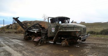 A view shows a damaged truck belonging to Armenian forces in an area that came under the control of Azerbaijan's troops following a military conflict over Nagorno-Karabakh, in Jabrayil District, December 7, 2020. (Reuters Photo)