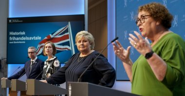 From left, Norway's Minister of Fisheries and Seafood Odd Emil Ingebrigtsen, Minister of Trade and Industry Iselin Nybo and Prime Minister Erna Solberg listen to Minister of Agriculture and Food Olaug Bollestad, during a press conference on the status of free trade negotiations with the United Kingdom, Oslo, Norway, Friday, June 4, 2021. (AP Photo)
