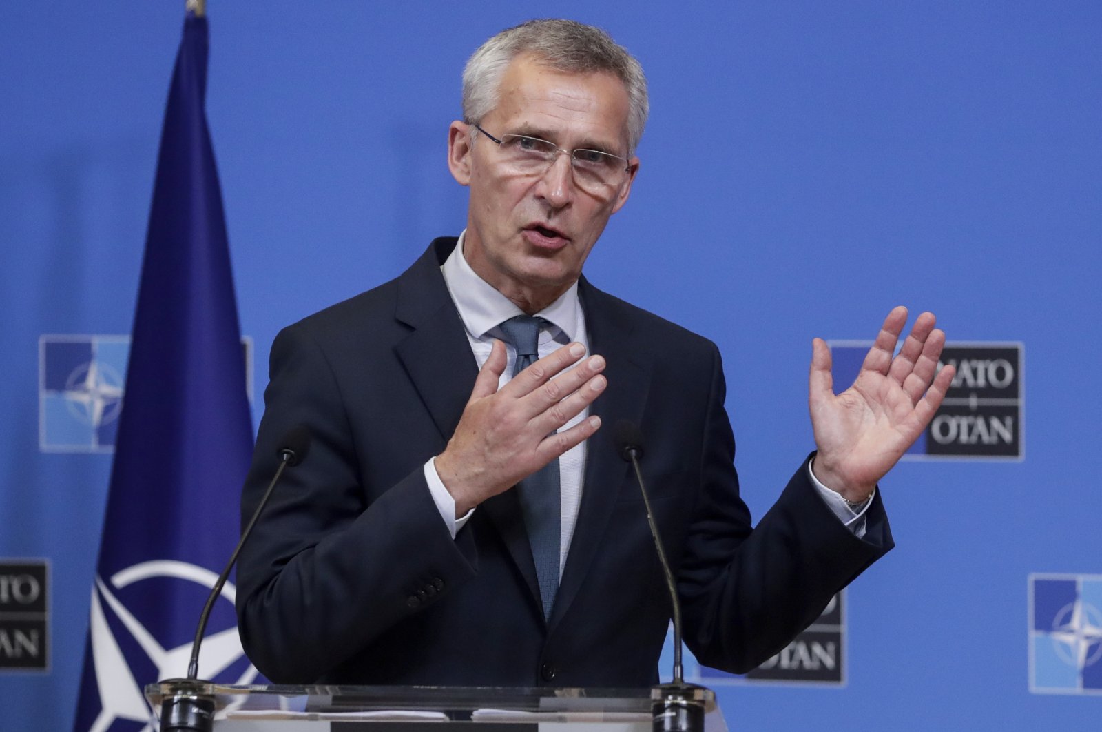 NATO Secretary-General Jens Stoltenberg speaks during a media conference after a meeting with Lithuanian Prime Minister Ingrida Simonyte at NATO headquarters in Brussels, Belgium, June 3, 2021. (AP Photo)