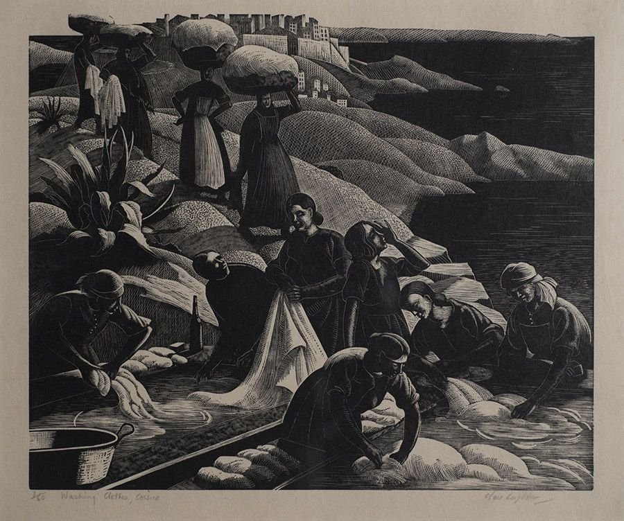 Clare Leighton, 'Washing Clothes, Corsica,' 1934, wood engraving, 21.6 by 25.6 centimeters. (Courtesy of the British Council)