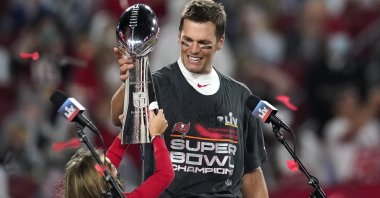 Tampa Bay Buccaneers quarterback Tom Brady celebrates after the NFL Super Bowl 55 against the Kansas City Chiefs, in Tampa, Florida, U.S., Feb. 7, 2021. (AP Photo) 