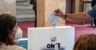 Peruvian residents in Spain cast ballots at Auditorium in Palma, Majorca, Spain, in order to vote for the second round of the Presidential elections in Peru, June 06, 2021. (EPA Photo)