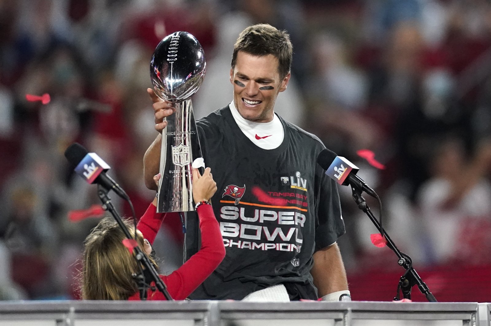 Tampa Bay Buccaneers quarterback Tom Brady celebrates after the NFL Super Bowl 55 against the Kansas City Chiefs, in Tampa, Florida, U.S., Feb. 7, 2021. (AP Photo) 