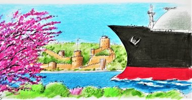 Illustration by Erhan Yalvaç shows a ship passing through the Bosporus as Rumeli Hisarı, an Ottoman-era fortress, is seen background on the European side of Turkey's metropolis Istanbul.