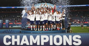 The United States celebrates a 3-2 win against Mexico in extra time in the CONCACAF Nations League championship soccer match, in Denver,  Sunday, June 6, 2021, in Denver. (AP Photo)