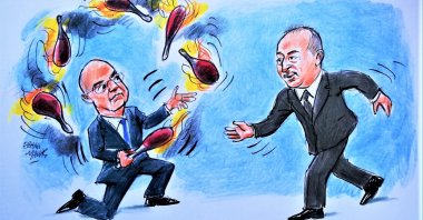 This illustration by Erhan Yalvaç shows Foreign Minister Mevlüt Çavuşoğlu (R) approaching his Greek counterpart Nikos Dendias, who is juggling, and criticizes the ongoing tension between Turkey and Greece.