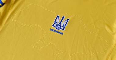 The Ukrainian national football team's Euro 2020 jersey, featuring a map of the country that includes the Russian-annexed Crimea and nationalist slogans, is seen in Kyiv, Ukraine, June 6, 2021.