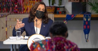 U.S. Vice President Kamala Harris participates in a roundtable with the Guatemalan community and civil society leaders to continue conversations about how best to address the root causes of migration at Universidad del Valle de Guatemala in Guatemala City, Guatemala, June 7, 2021. (AFP Photo)