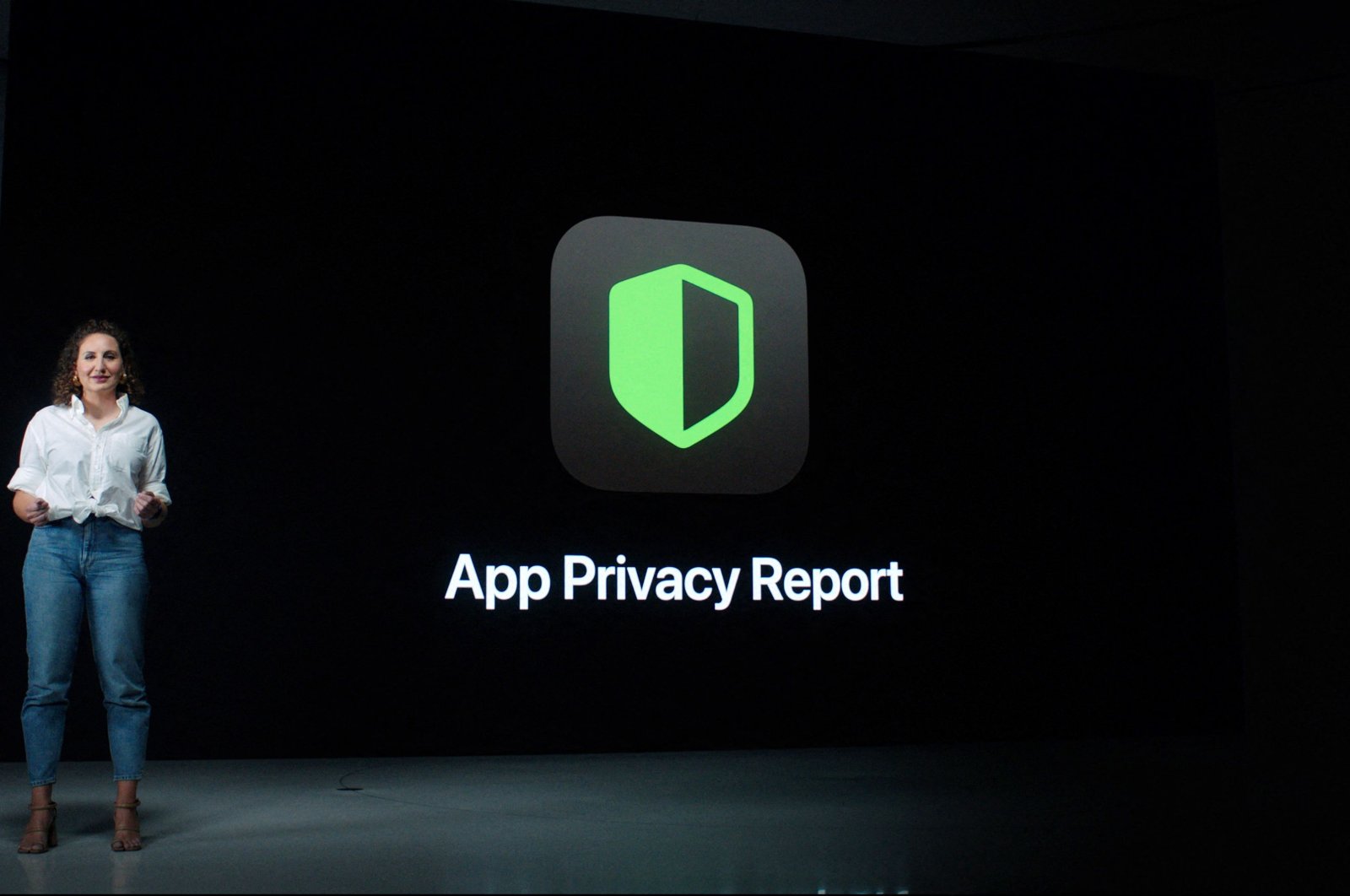 Apple's head of User Privacy Engineering, Katie Skinner, introduces the App Privacy Report at Apple's Worldwide Developers Conference at Apple Park in Cupertino, California, in a still image taken from video and obtained June 7, 2021. (Photo by Apple via AFP)