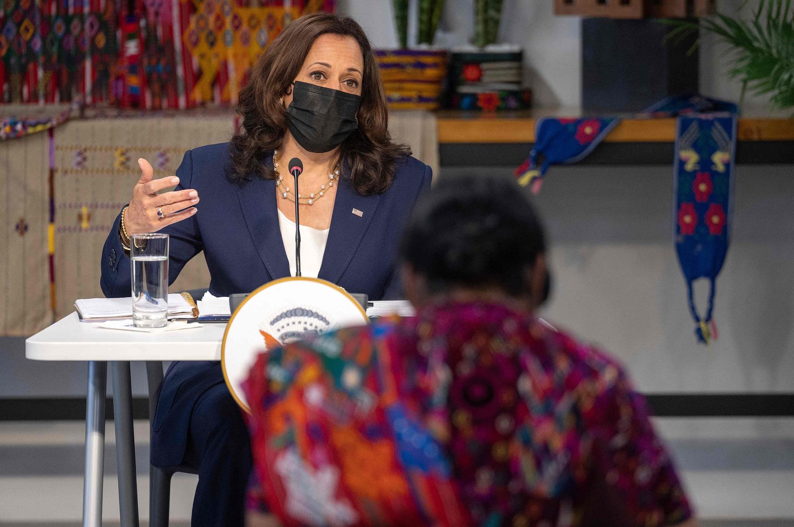 U.S. Vice President Kamala Harris participates in a roundtable with the Guatemalan community and civil society leaders to continue conversations about how best to address the root causes of migration at Universidad del Valle de Guatemala in Guatemala City, Guatemala, June 7, 2021. (AFP Photo)