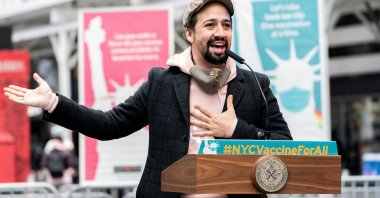 Actor Lin-Manuel Miranda speaks at the opening of the Broadway vaccination site amid the COVID-19 pandemic in New York City, U.S., April 12, 2021. (Reuters Photo)