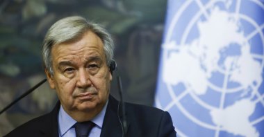 U.N. Secretary-General Antonio Guterres attends a joint news conference with Russian Foreign Minister Sergey Lavrov (not pictured) following the talks in Moscow, Russia, May 12, 2021. (Pool via AP)