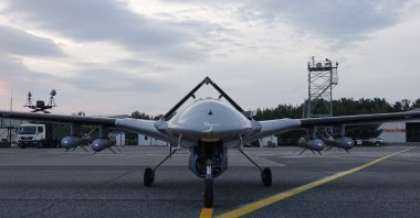 A Bayraktar TB2 unmanned combat aerial vehicle (UCAV) waits at a Baykar facility, Turkey, May 24, 2021. (Courtesy of Baykar)