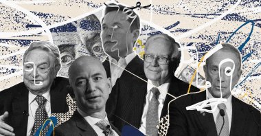 This combination of file pictures created on June 9, 2021 shows (from left to right) Open Society Foundations Chairperson George Soros, Amazon CEO Jeff Bezos, Tesla CEO Elon Musk, Warren Buffett, chairman and CEO of Berkshire Hathaway and Michael Bloomberg, former New York City mayor and founder of Bloomberg LP.