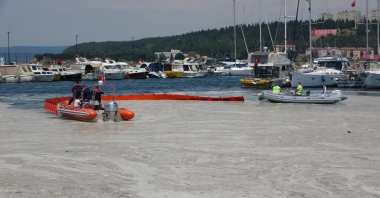 Workers clean up sea snot, or mucilage, in Çanakkale, western Turkey, June 8, 2021. (DHA PHOTO)