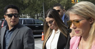 Emma Coronel Aispuro (C) wife of Mexican drug lord Joaquin "El Chapo" Guzman, arrives for his sentencing at Brooklyn federal court, in New York, July 17, 2019. (AP Photo)