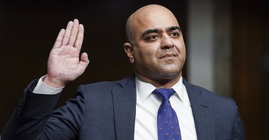 Zahid Quraishi, nominated by U.S. President Joe Biden to be a U.S. District Judge for the District of New Jersey, is sworn in during a Senate Judiciary Committee hearing on pending judicial nominations, Wednesday, April 28, 2021 on Capitol Hill in Washington. (AP Photo)