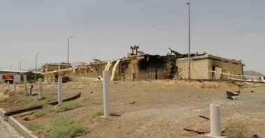 Security tape rings a building after it was damaged by a fire at the Natanz uranium enrichment facility, some 200 miles (322 kilometers) south of the capital Tehran, Iran July 2, 2020, July 2, 2020. (AP via release by the Atomic Energy Organization of Iran)