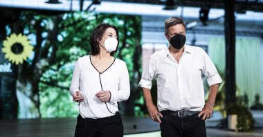 Annalena Baerbock (L), co-leader of the German Greens party, and chancellor candidate, and Robert Habeck, co-leader of the German Greens party, are pictured at the congress hall one day before the Greens party congress is set to start, Berlin, Germany, June 10, 2021. (Photo by Getty Images)