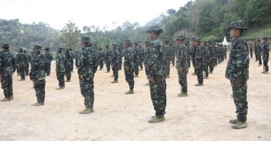 This handout photo from the local media group Kantarawaddy Times taken on May 10, 2021, and released on June 4 shows military training conducted by the Karenni National Progressive Party (KNPP) ethnic rebel group in Kayah State, Myanmar. (Kantarawaddy Times via AFP)
