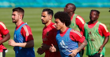 Belgium's Axel Witsel (R) and Nacer Chadli (C) with teammates during training, Tubize, Belgium, June 9, 2021. (Reuters Photo)