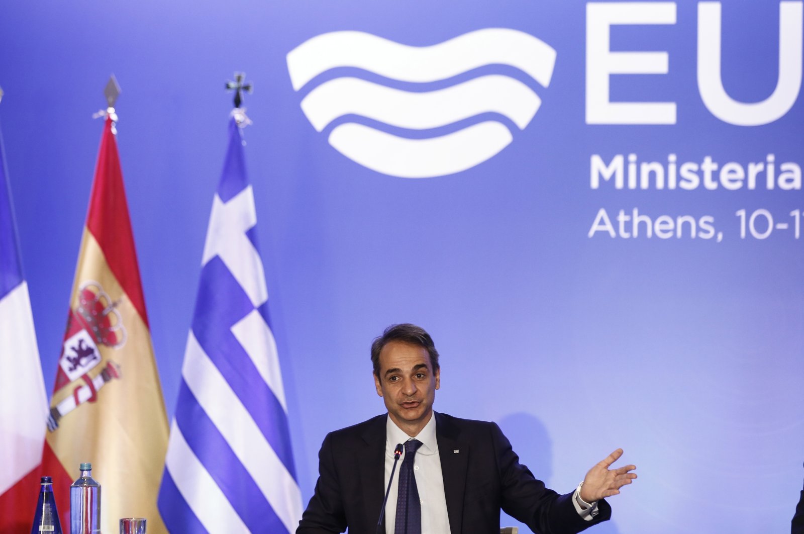Greek Prime Minister Kyriakos Mitsotakis talks during a meeting of the Ministers of the EU Mediterranean countries (EU-Med7) in Athens, Greece, 11 June 2021. (EPA Photo)
